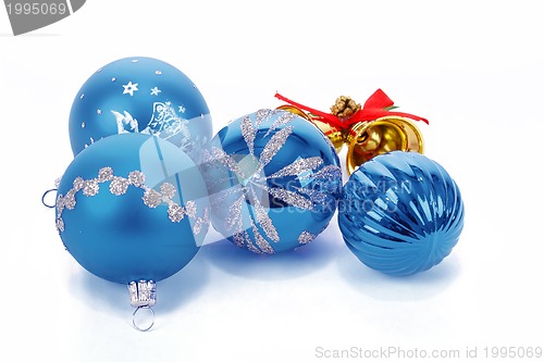 Image of Blue christmas balls and small golden bells