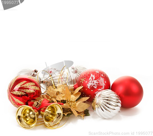 Image of Red and silver christmas balls on white