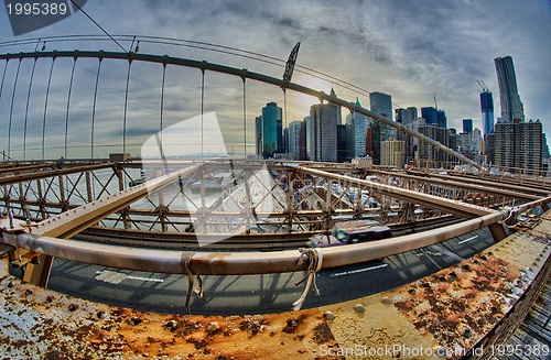 Image of Brooklyn Bridge architectural detail with Manhattan skyline - NE