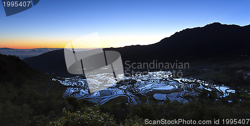 Image of Sunrise at rice terrace fields in Yuanyang, Yunnan Province, Chi