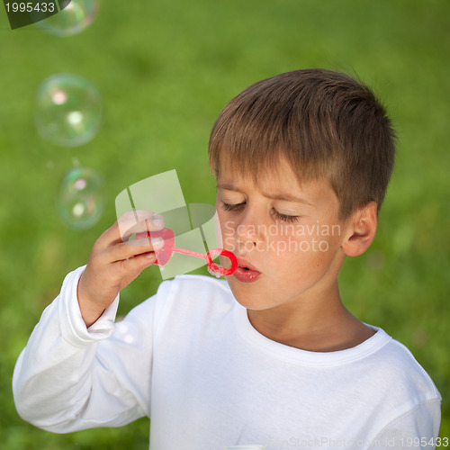 Image of Boy having fun with bubbles on a green meadow