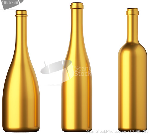 Image of Three golden bottles for wine or beverages isolated