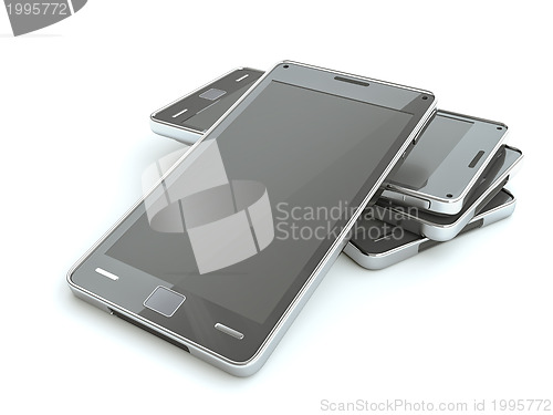 Image of Stack of smart phones with touch screen over white
