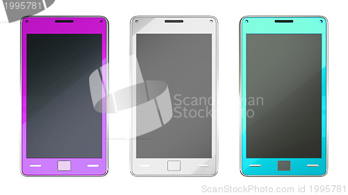 Image of Smart phones in purple grey and turquoise colours isolated