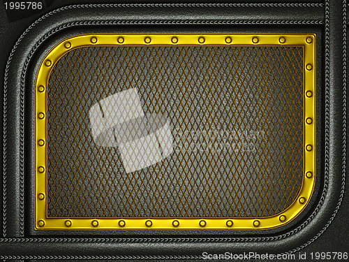 Image of Black leather background with golden metallic grill