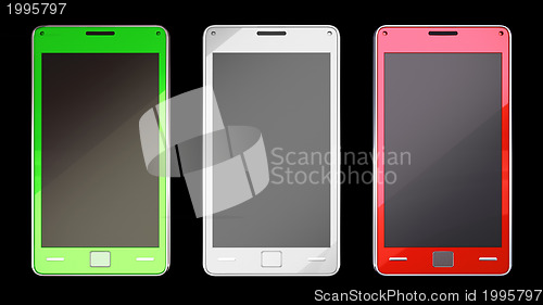 Image of Three smart phones in different colours over black