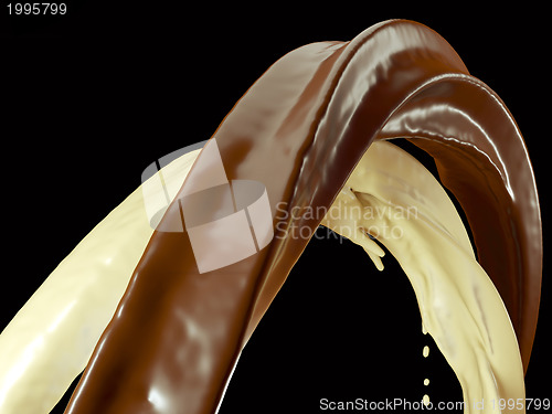 Image of Drinks: Hot dark and milk chocolate flow isolated on black 