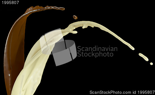 Image of Hot dark and milk chocolate flows isolated on black
