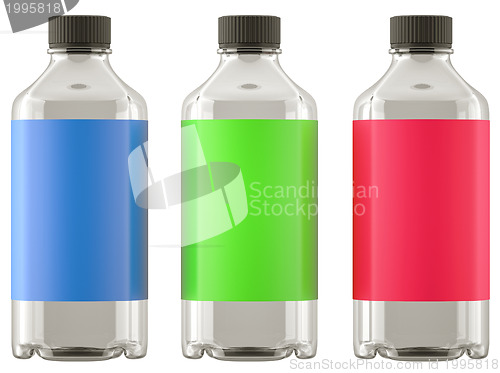 Image of Three bottles for chemicals or drugs with colorful stickers isol