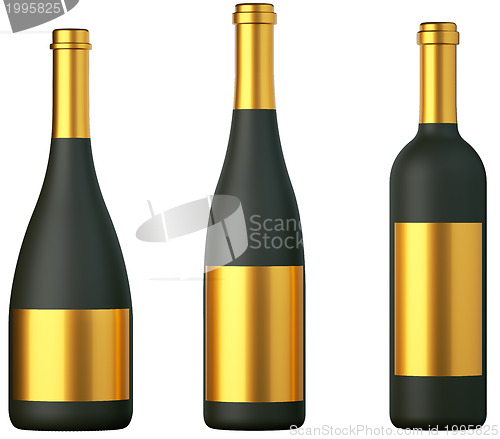Image of Three black bottles for wine with golden labels isolated 