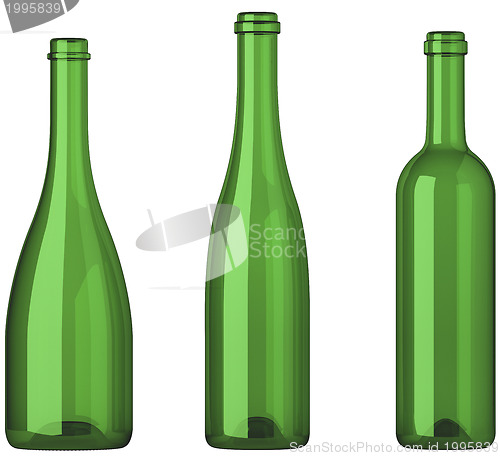 Image of Three empty uncorked bottles for wine isolated 