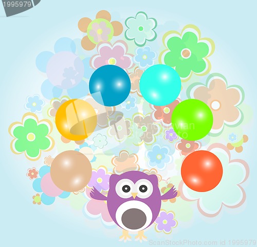 Image of Doodle owls with balls on floral background