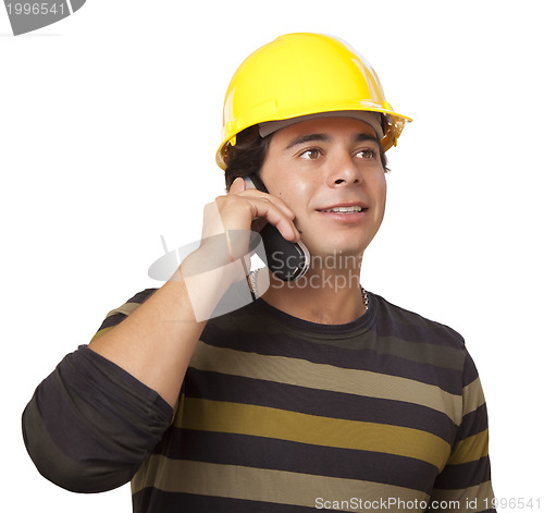 Image of Hispanic Male Contractor in Hard Hat on Phone Isolated