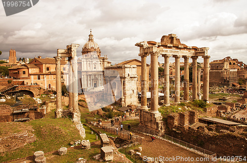 Image of View of Roman Forum, focus on the Saturn's Temple in foreground.