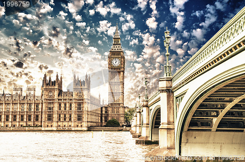 Image of Landscape of Big Ben and Palace of Westminster with Bridge and T