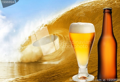 Image of A beer glass and bottle over beer wave