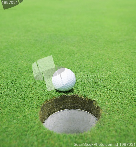 Image of The ball at the hole on the golf course