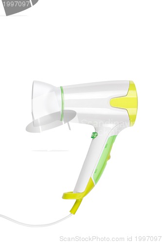 Image of close up of a hair dryer on white background