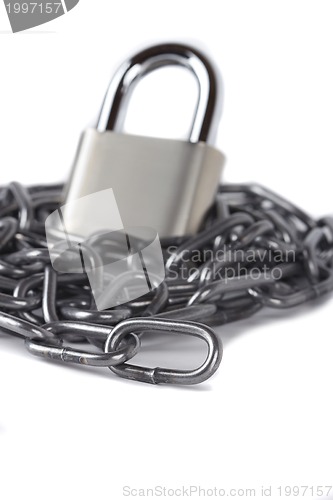 Image of A black chain and padlock isolated against a white background