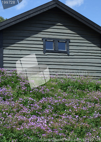 Image of Wooden house and flower garden