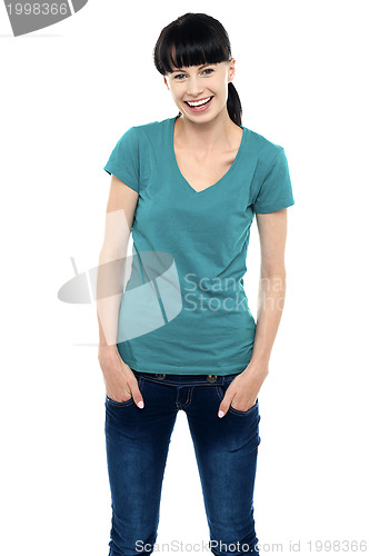 Image of Middle aged smiling woman in casual wear