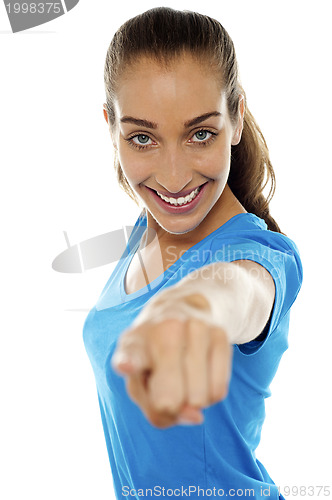 Image of Lady pointing her finger towards the camera