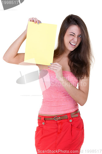 Image of Girl with a blank sheet of paper winks