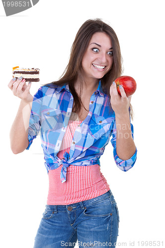 Image of The girl picks an apple or a cake