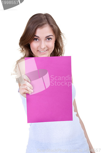 Image of woman holding empty pink board