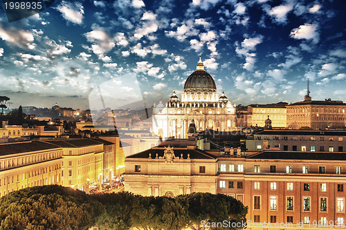 Image of Buildings of Rome with Vatican St Peter Dome in background - sun