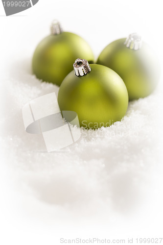 Image of Green Christmas Ornaments on Snow Flakes with Text Room
