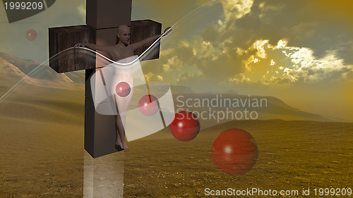 Image of Woman  crucified end red balls 