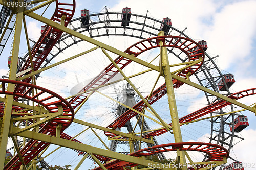 Image of Roller coaster and large ferris wheel in Prater, Vienna, Austria