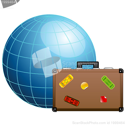 Image of Travel concept. Blue globe and travel suitcase.