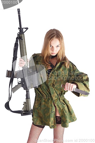 Image of Woman with gun on white