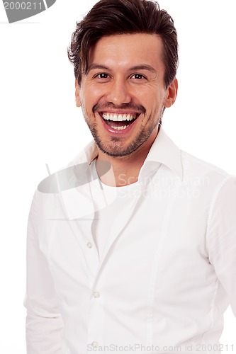 Image of young man laughing at camera isolated