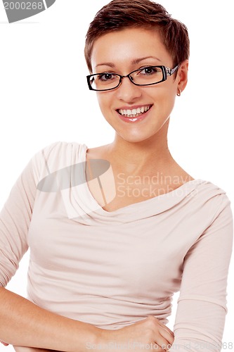 Image of young smiling woman with glasses and short haircut