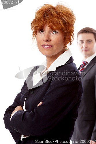 Image of red head woman in business outfit  front man  background