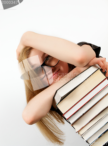 Image of Portrait of Woman with Stack of Books