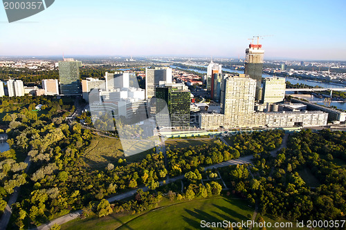 Image of View on skyline Uno City Vienna from Donauturm tower, Austria