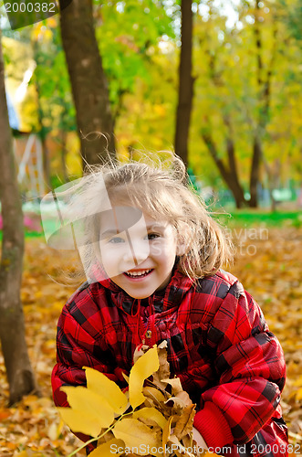Image of Little girl with a bunch of yellow leaves