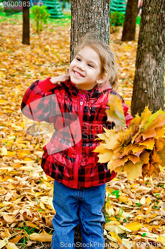 Image of Little girl with a bouquet of yellow maple leaves