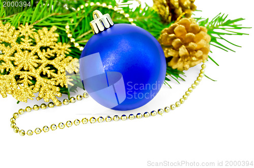 Image of Christmas blue ball with golden ornaments