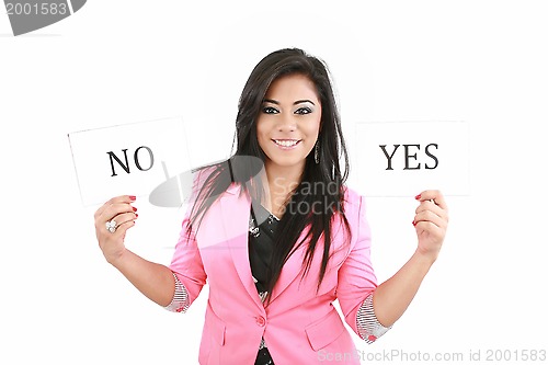 Image of attractive young woman thinking yes or no