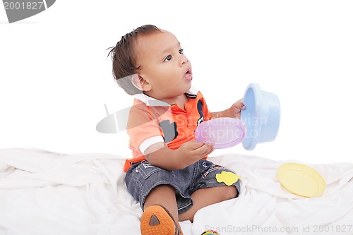 Image of Adorable One Year Old Boy Playing Toy Isolated 