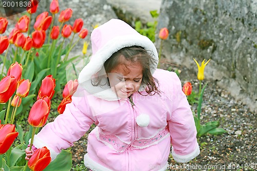 Image of cute girl cut bouquet of red tulips on spring