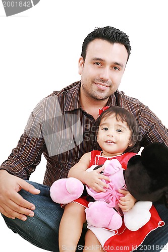 Image of Father and daughter smiling - isolated over a white background 