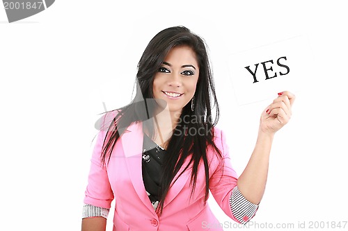 Image of happy portrait young woman with board YES