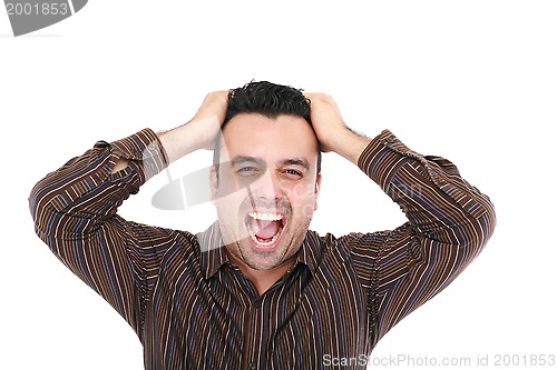 Image of Man screaming at the camera, close up head and shoulders 