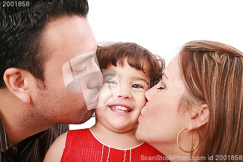 Image of Parents giving their daughter a kiss. 